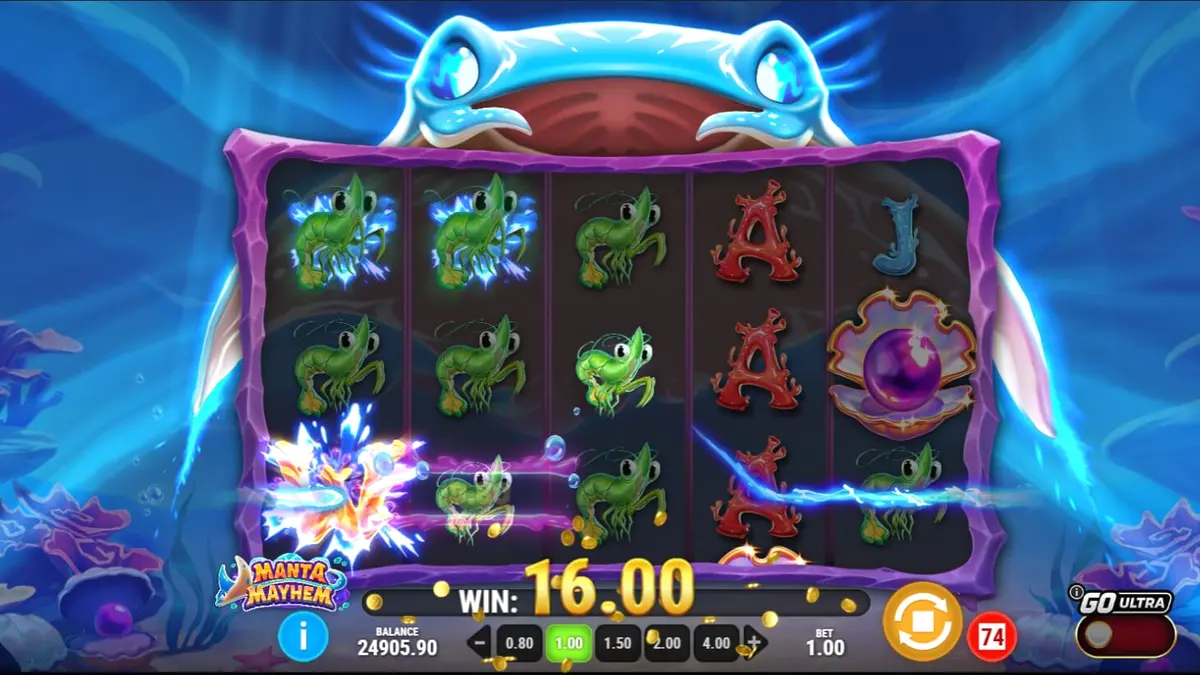Manta Mayhem slot game underwater theme with vibrant coral reef and friendly manta ray