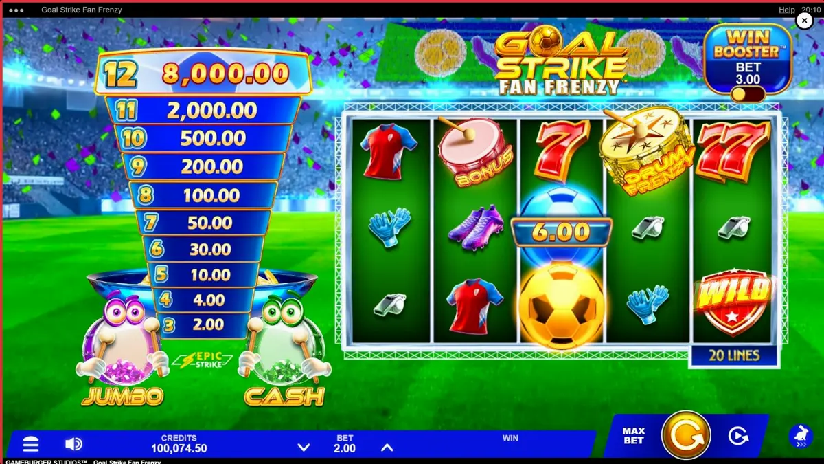Goal Strike Fan Frenzy slot game interface na may football theme