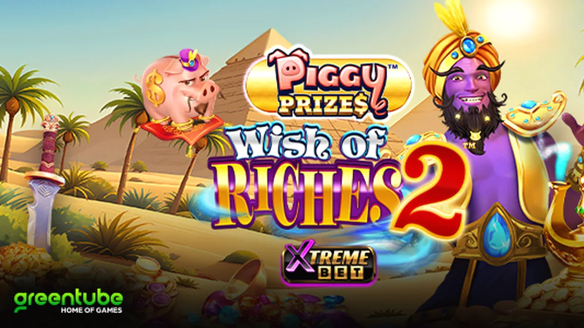 Makulay na disenyo ng Piggy Prizes Wish of Riches 2 slot na may mga genie at piggy bank.