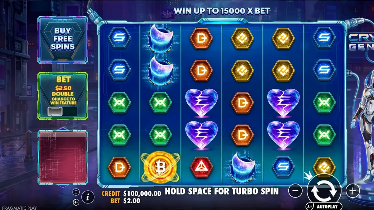 Isang futuristic na cyberpunk slot machine na may mga crypto symbols at neon na disenyo.